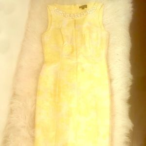 Tahari yellow metallic print pearl & beaded dress.